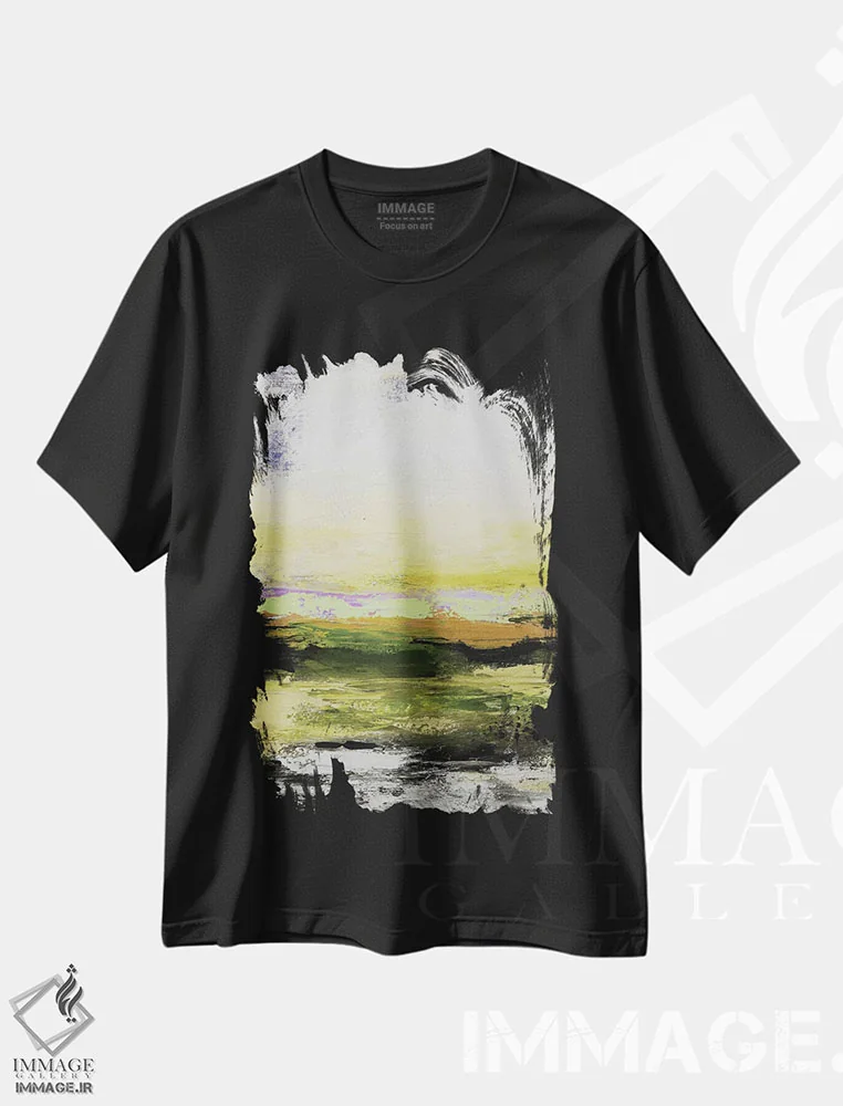 تیشرت مشکی طرح دار منظرهٔ انتزاعی چهاردهم، آبستره اثر رادیانا کریستوا | فروشگاه ایماژ