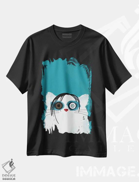 تیشرت مشکی طرح دار گربهٔ مانسون، هنر دیجیتال اثر دوزال | فروشگاه ایماژ