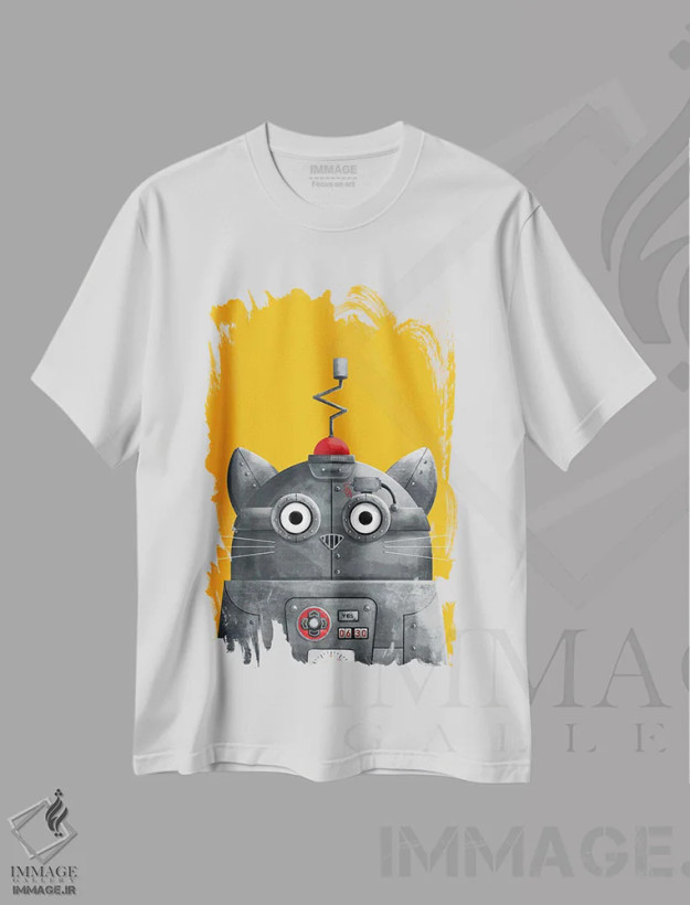 تیشرت سفید طرح دار گربهٔ رباتی، هنر دیجیتال اثر دوزال | فروشگاه ایماژ
