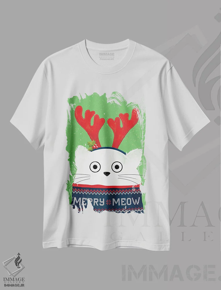 تیشرت سفید طرح دار گربهٔ گوزن کریسمس، حیوانات کریسمسی اثر دوزال | فروشگاه ایماژ