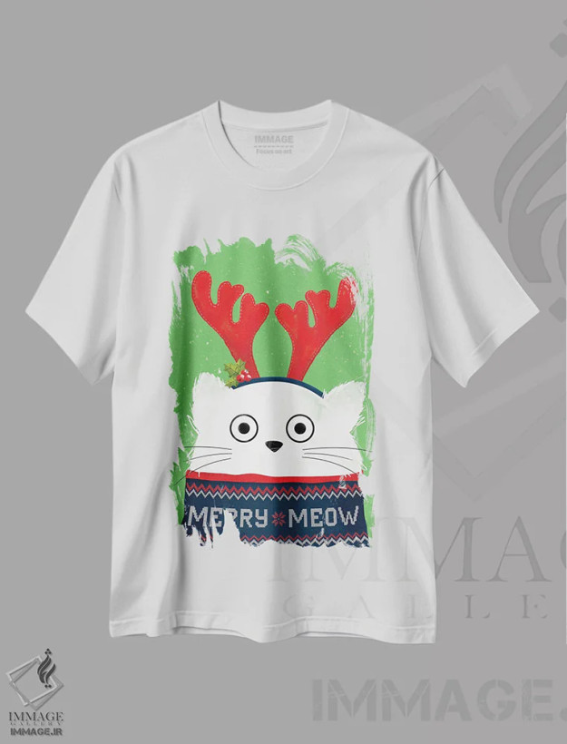تیشرت سفید طرح دار گربهٔ گوزن کریسمس، حیوانات کریسمسی اثر دوزال | فروشگاه ایماژ