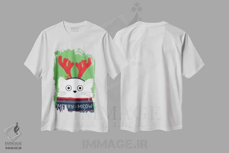 تیشرت سفید طرح دار گربهٔ گوزن کریسمس، حیوانات کریسمسی اثر دوزال | فروشگاه ایماژ