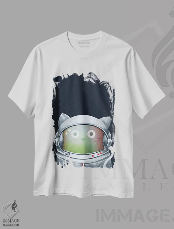تیشرت سفید طرح دار گربهٔ فضانورد، هنر دیجیتال اثر دوزال | immage.ir