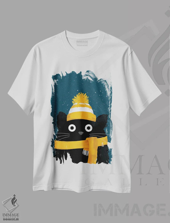 تیشرت سفید طرح دار گربهٔ روز برفی زمستان، هنر دیجیتال اثر دوزال | فروشگاه ایماژ