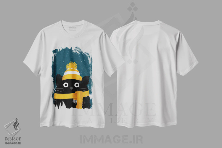 تیشرت سفید طرح دار گربهٔ روز برفی زمستان، هنر دیجیتال اثر دوزال | فروشگاه ایماژ