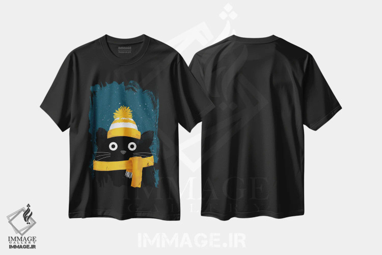 تیشرت مشکی طرح دار گربهٔ روز برفی زمستان، هنر دیجیتال اثر دوزال | immage.ir