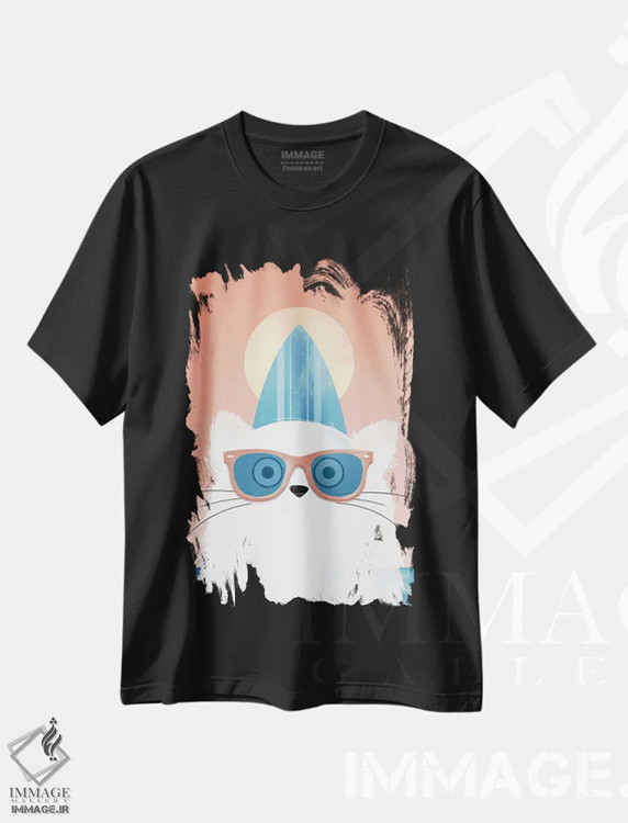 تیشرت مشکی طرح دار گربه ساحل نشین موج سوار، هنر دیجیتال اثر دوزال | فروشگاه ایماژ