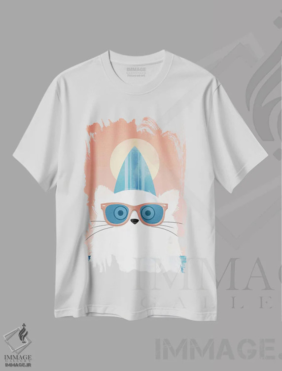 تیشرت سفید طرح دار گربه ساحل نشین موج سوار، هنر دیجیتال اثر دوزال | immage.ir