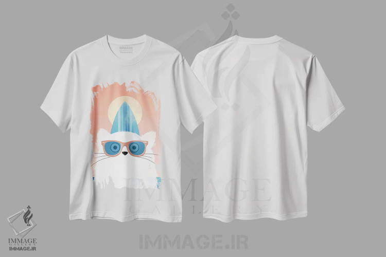 تیشرت سفید طرح دار گربه ساحل نشین موج سوار، هنر دیجیتال اثر دوزال | immage.ir
