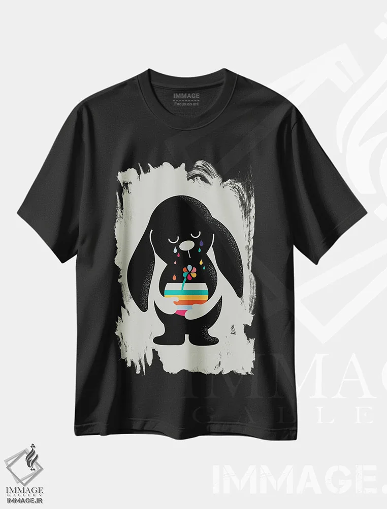تیشرت مشکی طرح دار خرگوش با اشک های رنگین کمان، هنر دیجیتال اثر دوزال | فروشگاه ایماژ