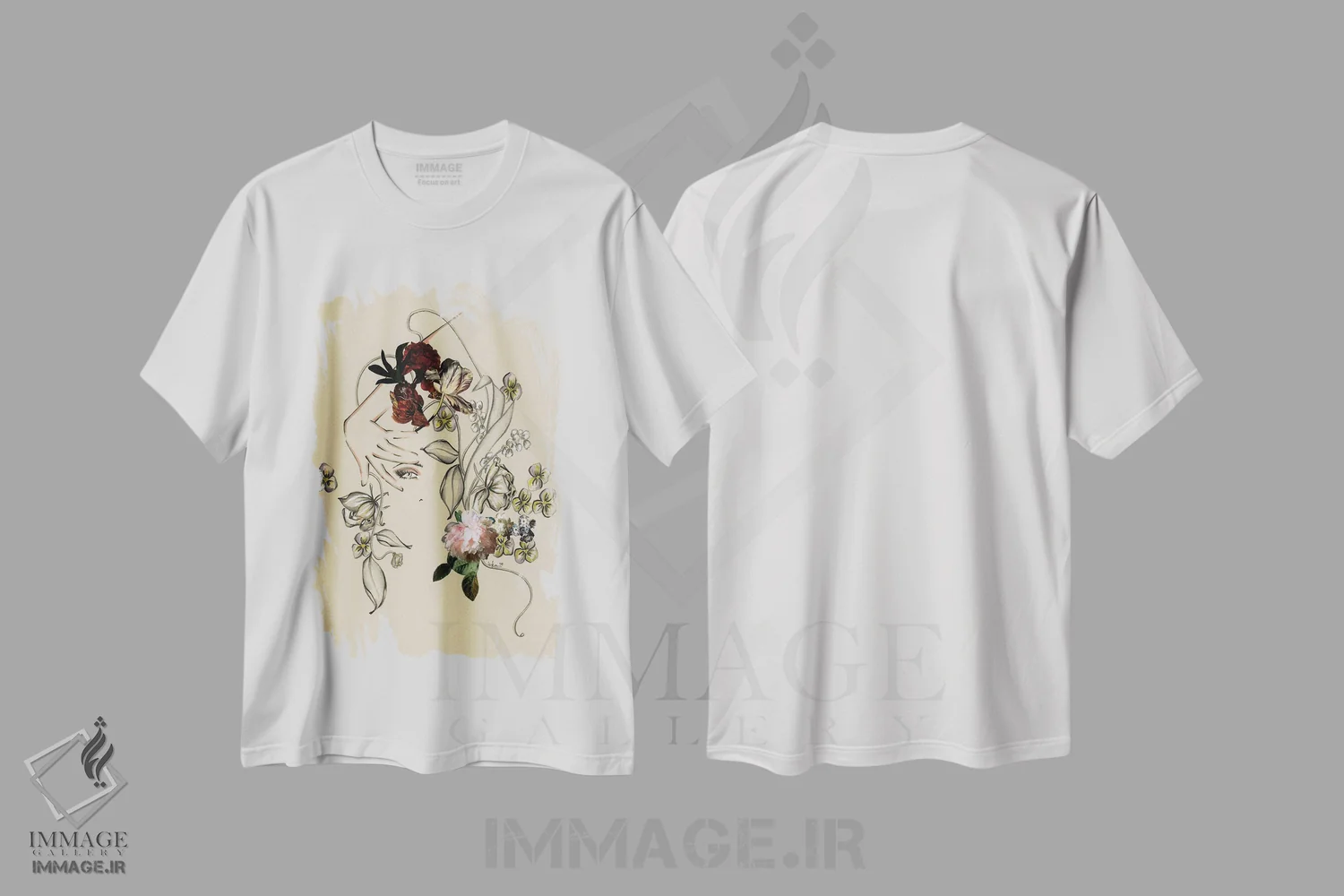 تیشرت سفید طرح دار پرترهٔ گل ها I، تزئینی اثر الی عظیزیان | فروشگاه ایماژ