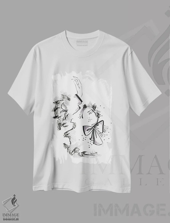 تیشرت سفید طرح دار پاپیون های طراحی شده، هنر تزئینی سیاه و سفید اثر الی عظیزیان | فروشگاه ایماژ