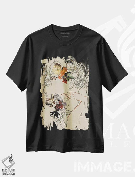تیشرت مشکی طرح دار پرترهٔ گل ها III، دست نقاشی و طراحی دستی اثر الی عظیزیان | فروشگاه ایماژ