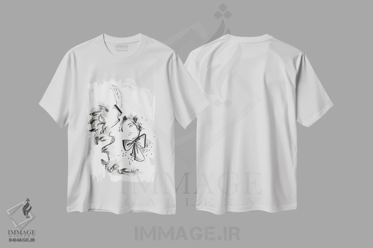 تیشرت سفید طرح دار پاپیون های طراحی شده، هنر تزئینی سیاه و سفید اثر الی عظیزیان | فروشگاه ایماژ