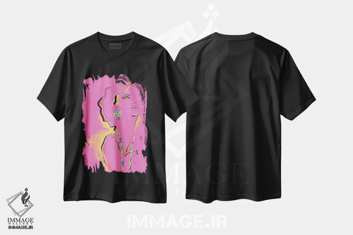 تیشرت مشکی طرح دار کلاژ پرتره مجنتا، تزئینی اثر الی عظیزیان | immage.ir