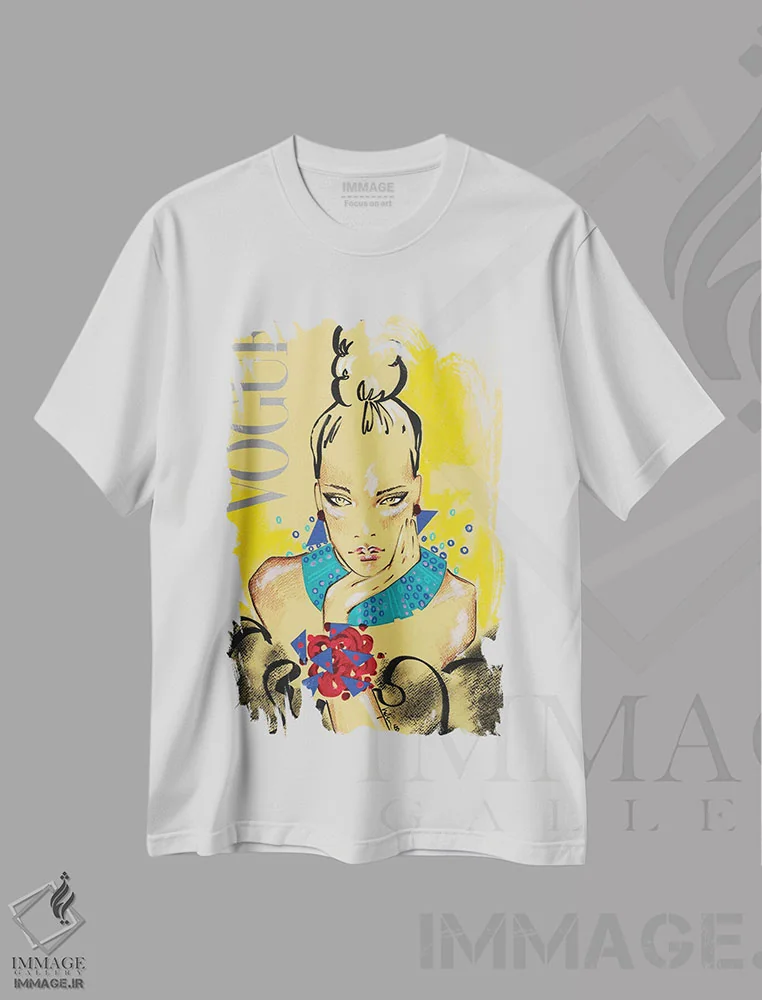 تیشرت سفید طرح دار ووگ ایتالیا، تزئینی اثر الی عظیزیان | فروشگاه ایماژ
