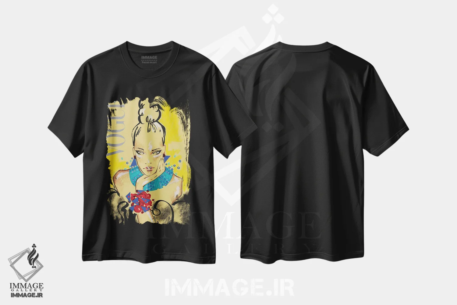 تیشرت مشکی طرح دار ووگ ایتالیا، تزئینی اثر الی عظیزیان | immage.ir