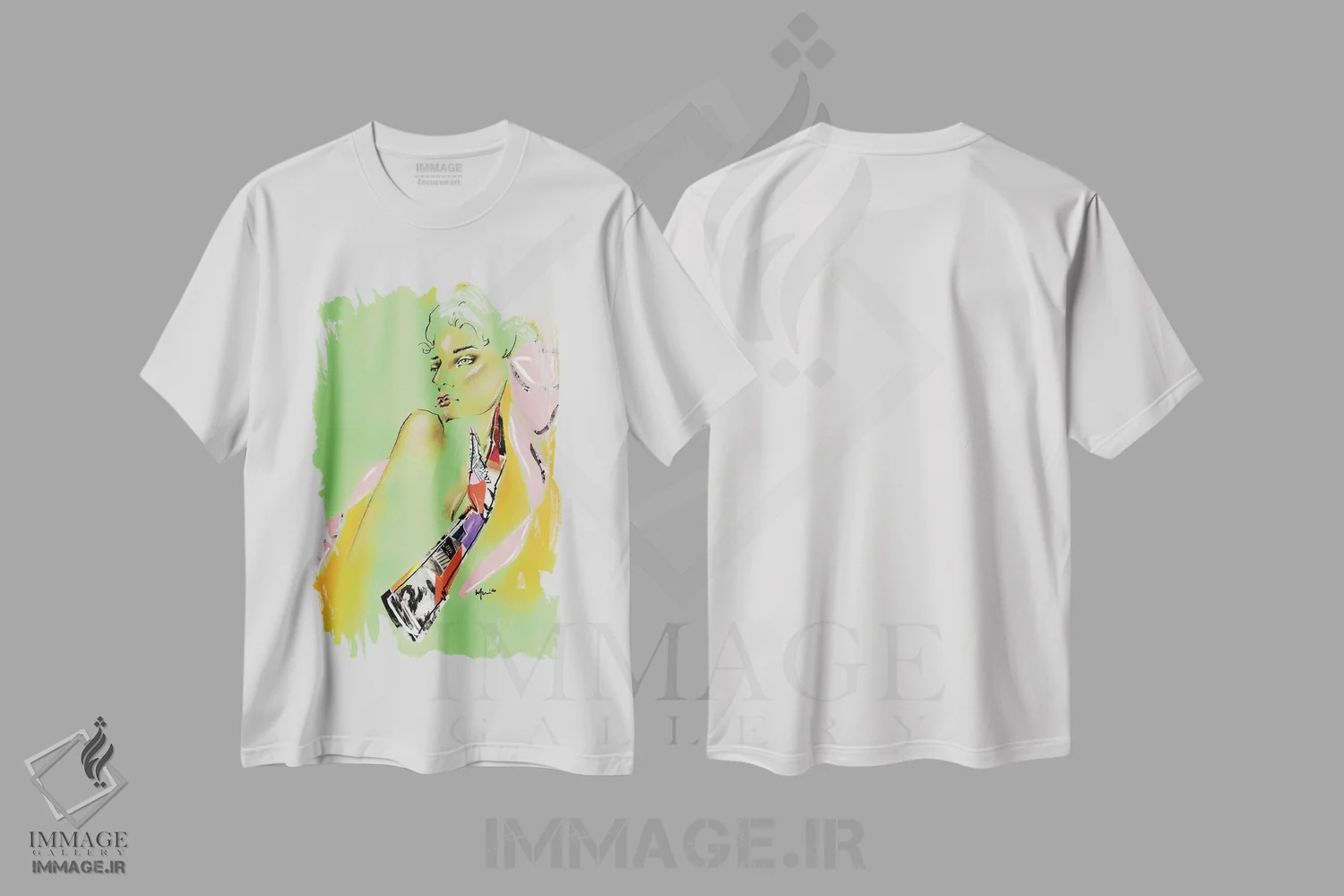 تیشرت سفید طرح دار کلاژ پاپیون صورتی، تزئینی اثر الی عظیزیان | فروشگاه ایماژ