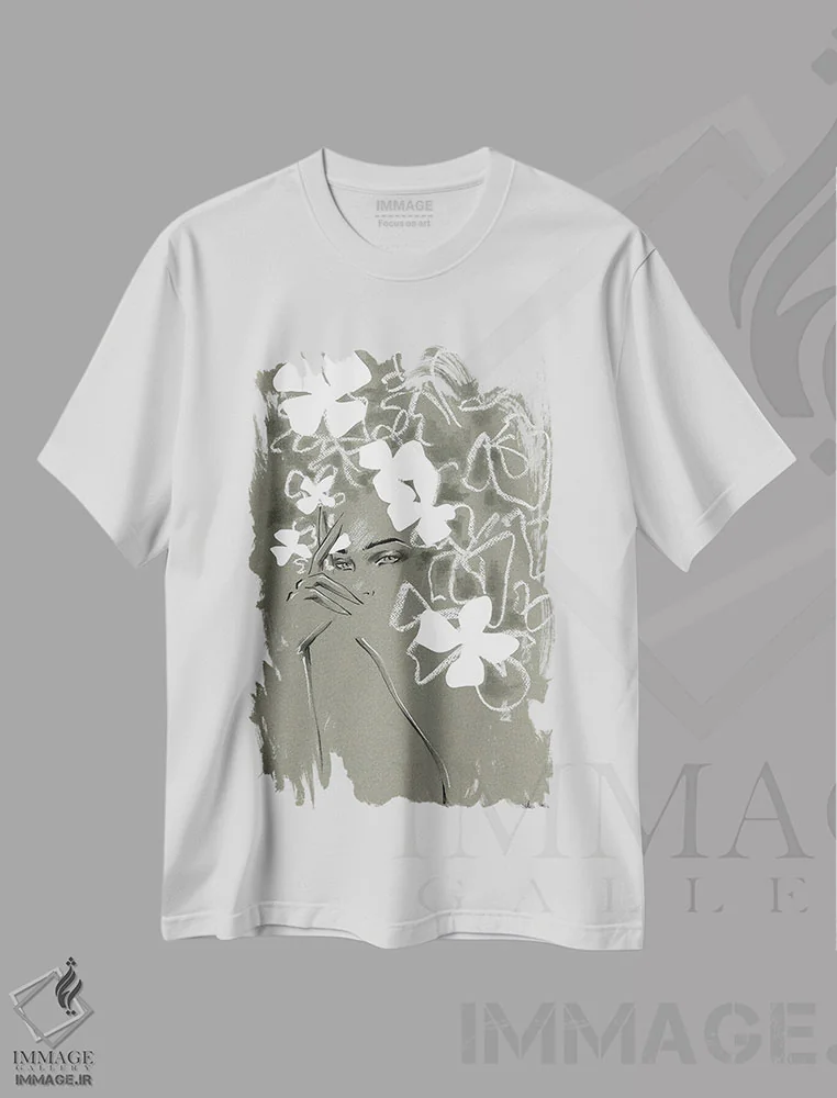 تیشرت سفید طرح دار کوتور جدید V، دست نقاشی و طراحی دستی اثر الی عظیزیان | فروشگاه ایماژ