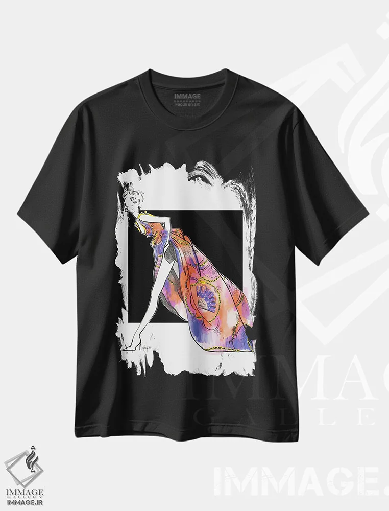 تیشرت مشکی طرح دار پاشش رنگ روی لباس شب، دست نقاشی و طراحی دستی اثر الی عظیزیان | فروشگاه ایماژ