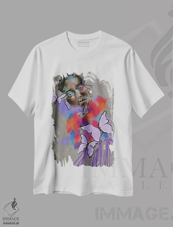 تیشرت سفید طرح دار پر زدن اسطوخودوس، هنر آمریکایی آفریقایی تبار اثر الی عظیزیان | فروشگاه ایماژ