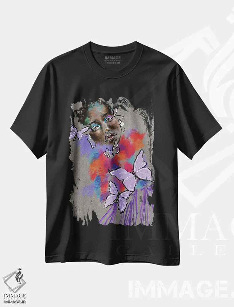 تیشرت مشکی طرح دار پر زدن اسطوخودوس، هنر آمریکایی آفریقایی تبار اثر الی عظیزیان | immage.ir