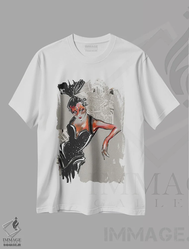 تیشرت سفید طرح دار کابارهٔ متوقف شده I، هنر آمریکایی آفریقایی تبار اثر الی عظیزیان | immage.ir