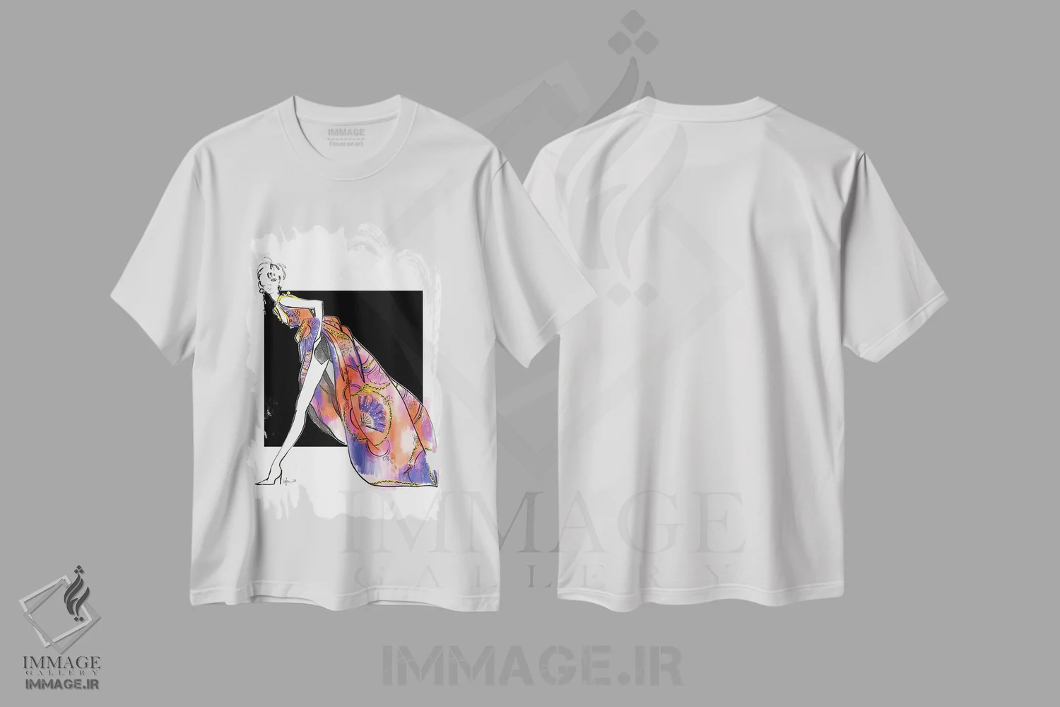 تیشرت سفید طرح دار پاشش رنگ روی لباس شب، دست نقاشی و طراحی دستی اثر الی عظیزیان | immage.ir