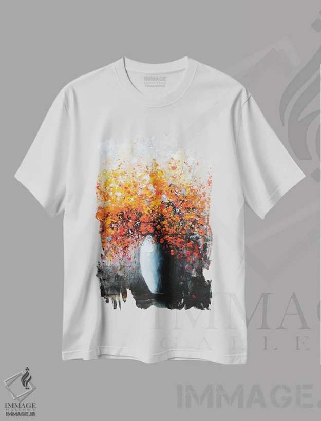 تیشرت سفید طرح دار دسته گل درخشان، دکور معاصر اثر اریک برونی | فروشگاه ایماژ