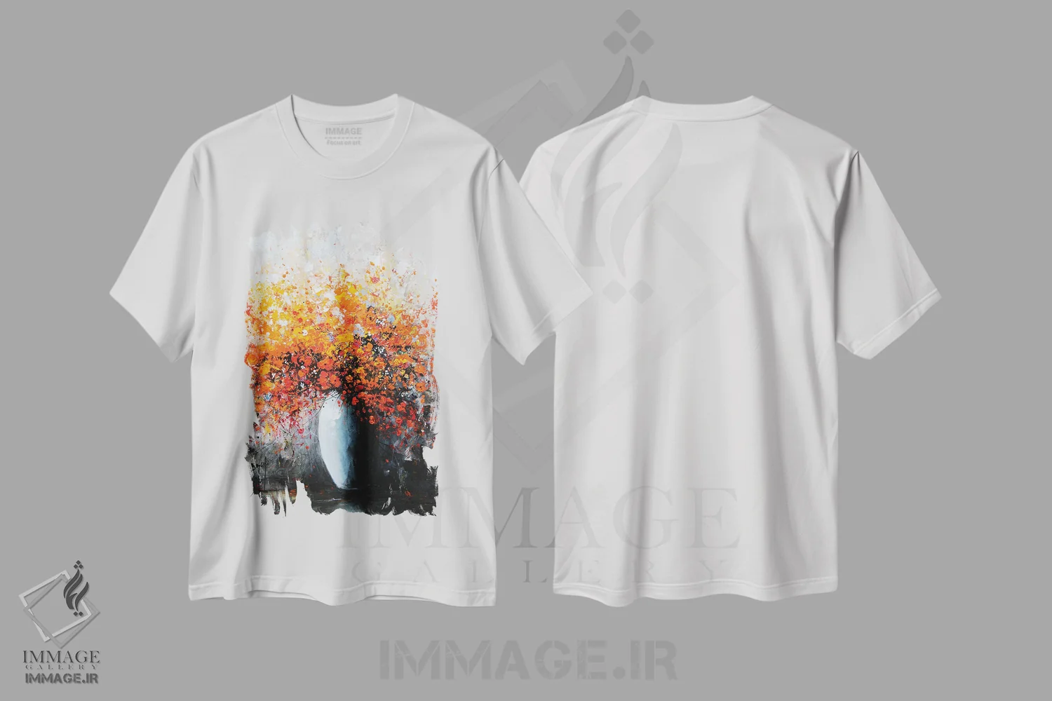 تیشرت سفید طرح دار دسته گل درخشان، دکور معاصر اثر اریک برونی | فروشگاه ایماژ