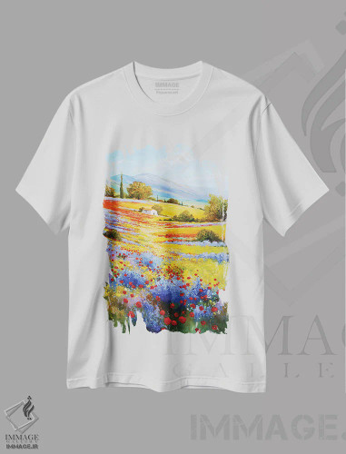تیشرت سفید طرح دار چمنزار مخفی، دکور معاصر اثر اریک برونی | فروشگاه ایماژ