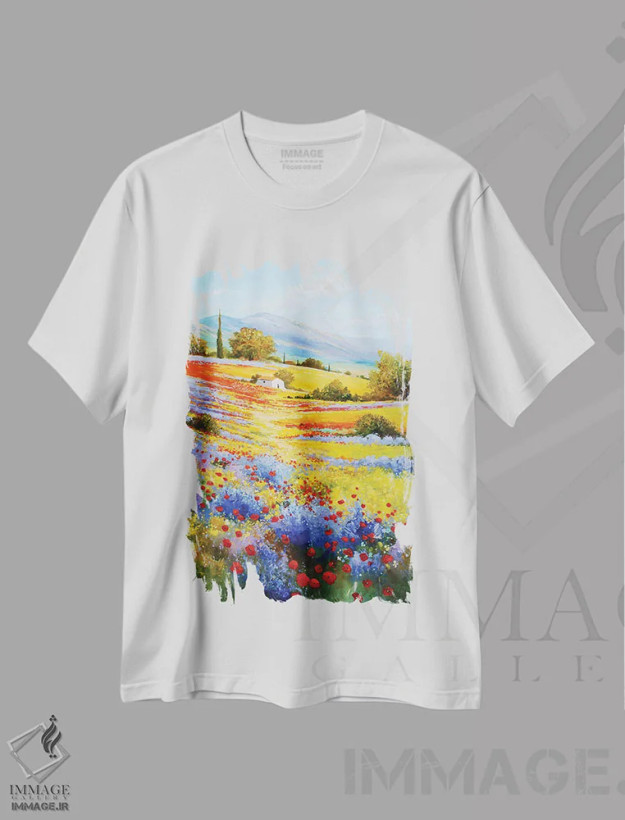 تیشرت سفید طرح دار چمنزار مخفی، دکور معاصر اثر اریک برونی | فروشگاه ایماژ