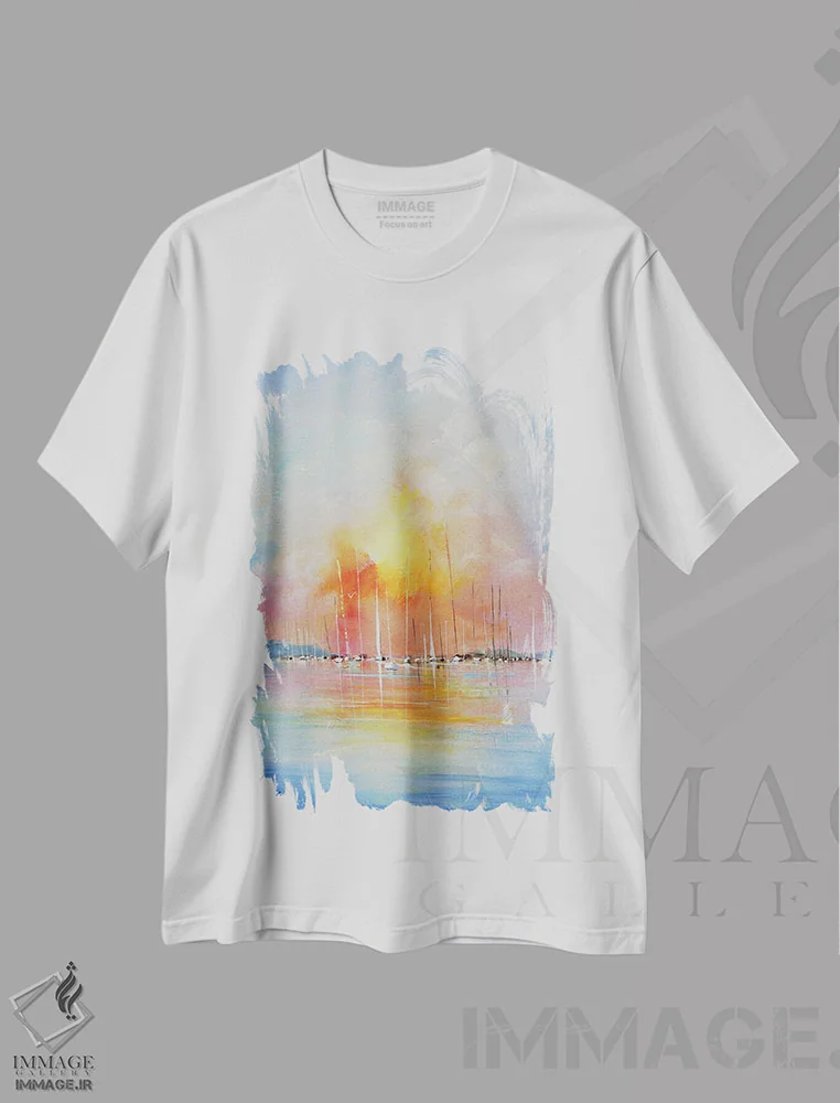 تیشرت سفید طرح دار آسمان دریده بر فراز دریا، آبستره اثر اریک برونی | فروشگاه ایماژ