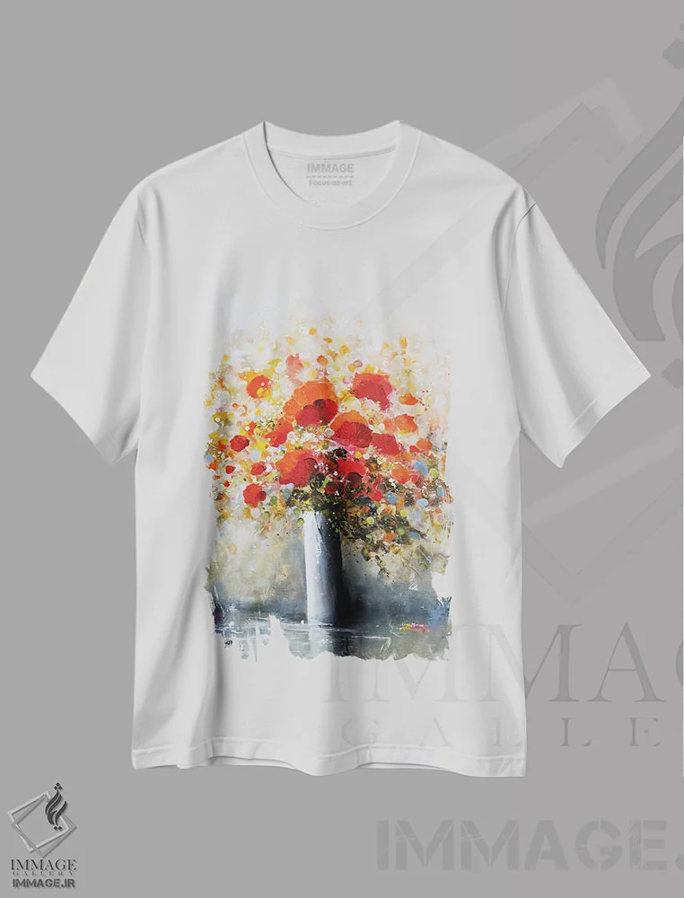 تیشرت سفید طرح دار دسته گل شقایق، دکور معاصر اثر اریک برونی | فروشگاه ایماژ