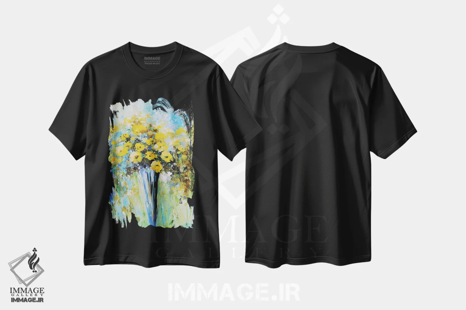 تیشرت مشکی طرح دار دسته گل گل های لای دار، دکور معاصر اثر اریک برونی | فروشگاه ایماژ