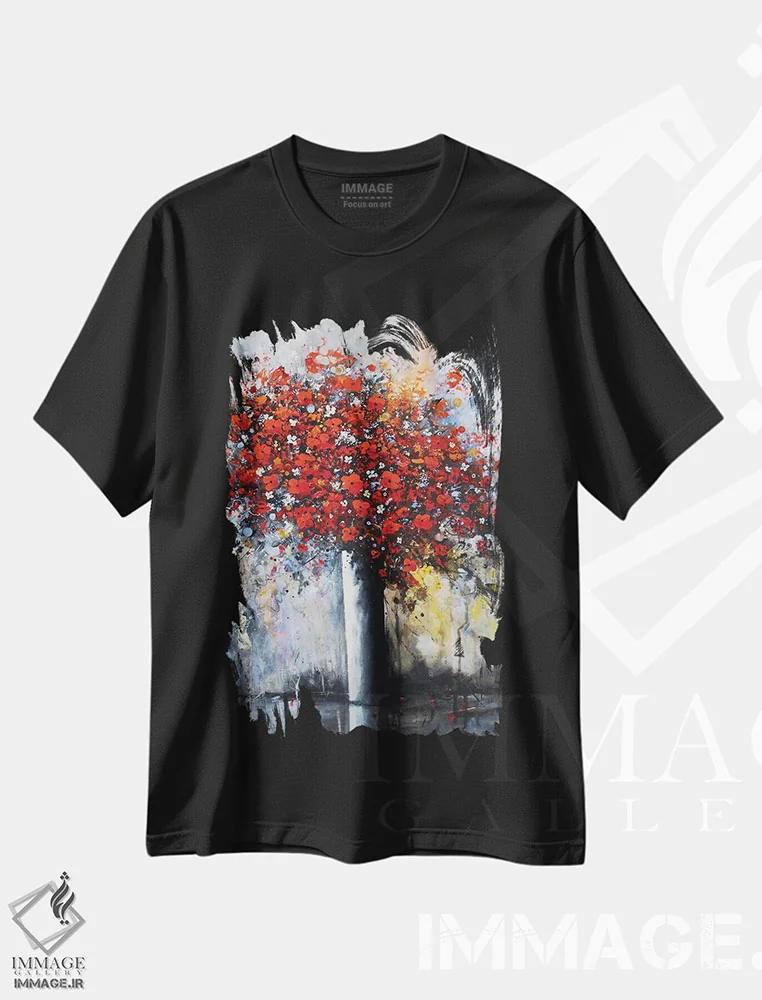 تیشرت مشکی طرح دار دسته گل گل های قرمز، دکور معاصر اثر اریک برونی | immage.ir