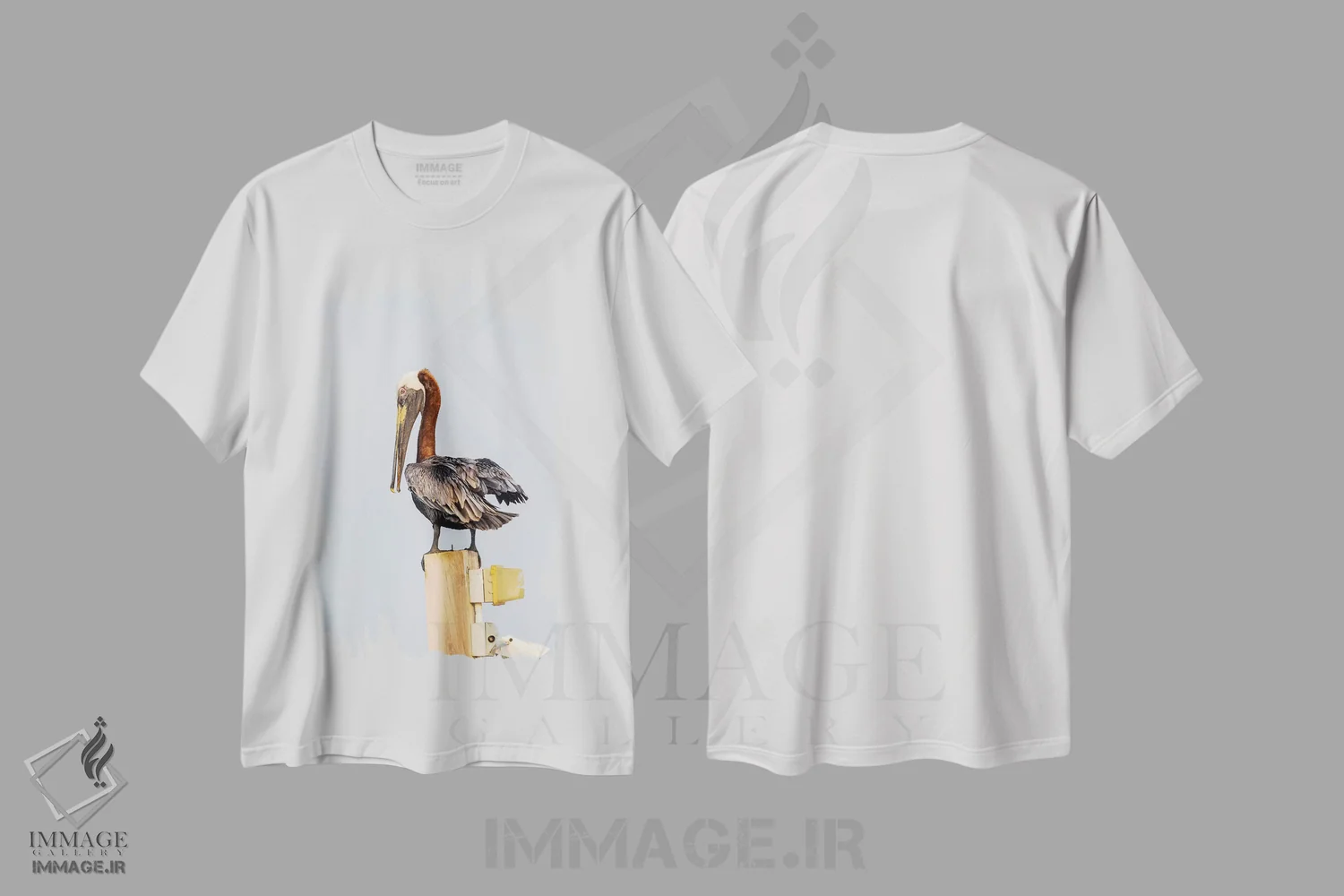 تیشرت سفید طرح دار بلیز، امبرگریس کی، پلیکان قهوه ای نشسته روی تیر چراغ، مدیوم اثر الیزابت بوم | immage.ir