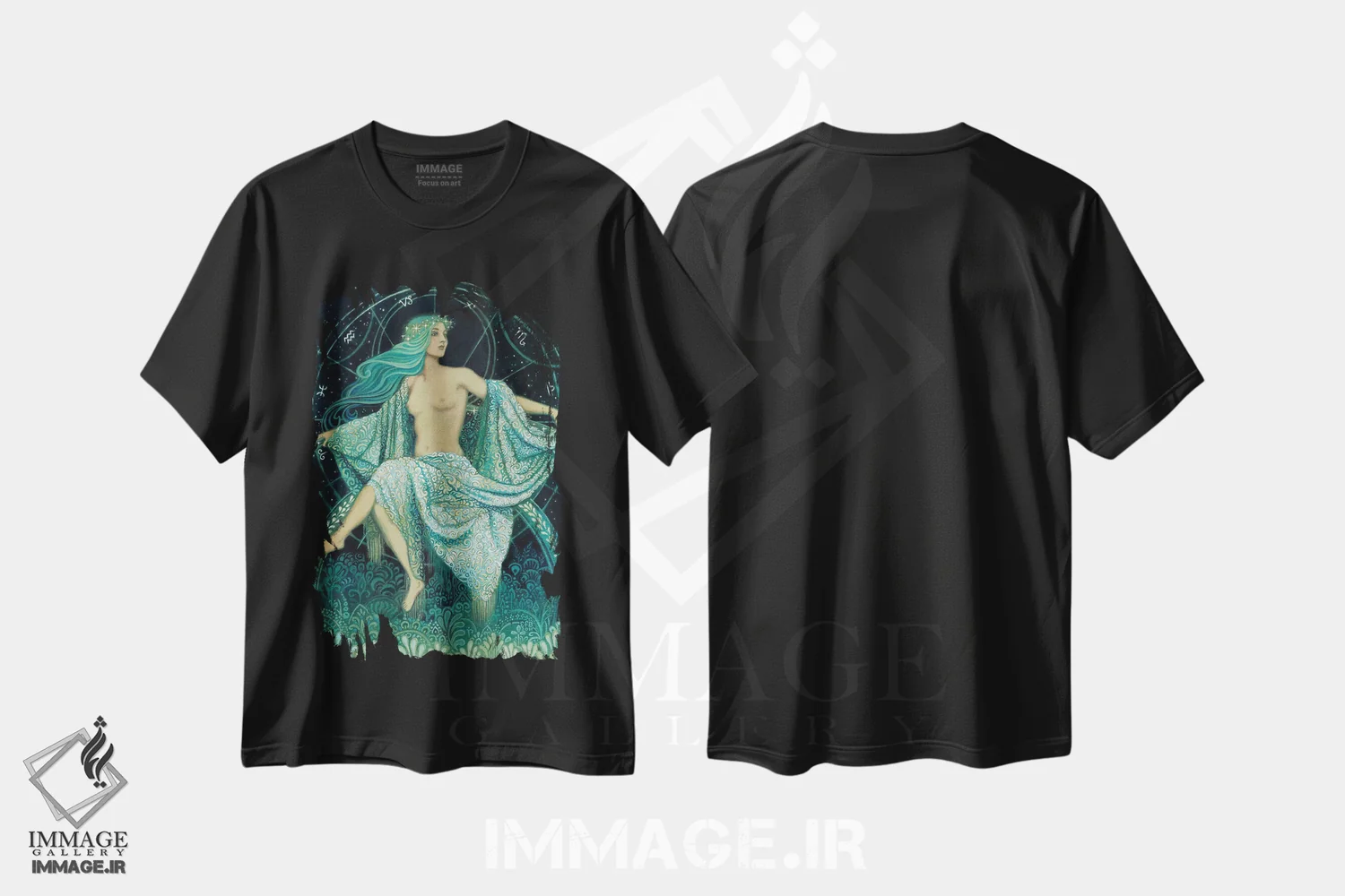 تیشرت مشکی طرح دار آستریا: الهه ستارگان، هنر فاخر معاصر اثر امیلی بالیوت | فروشگاه ایماژ