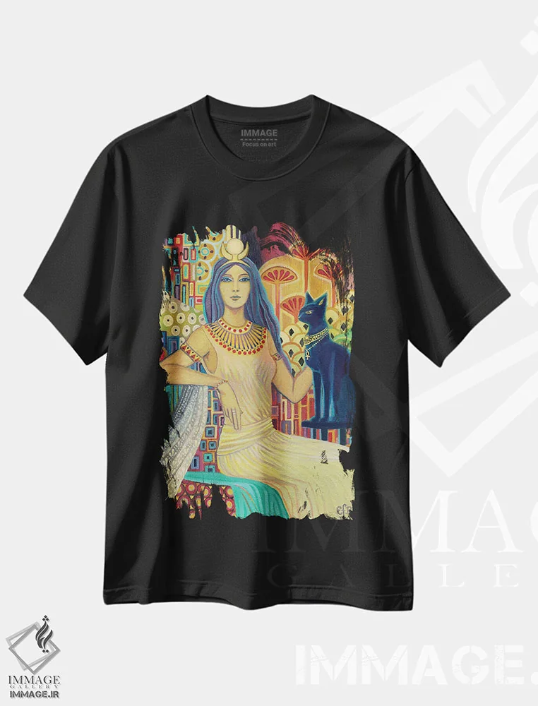 تیشرت مشکی طرح دار بست: الهه گربه، هنر فاخر معاصر اثر امیلی بالیوت | فروشگاه ایماژ
