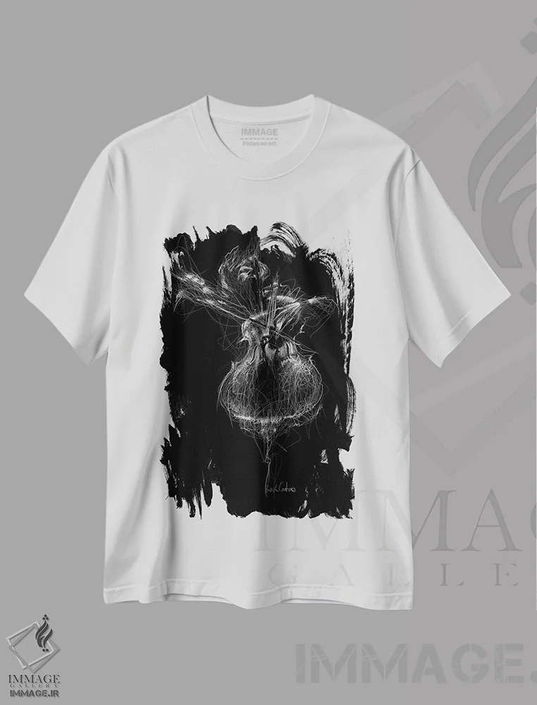 تیشرت سفید طرح دار کنترباس، نقاشی و تصویرگری سیاه و سفید اثر ریک سنتنو | فروشگاه ایماژ