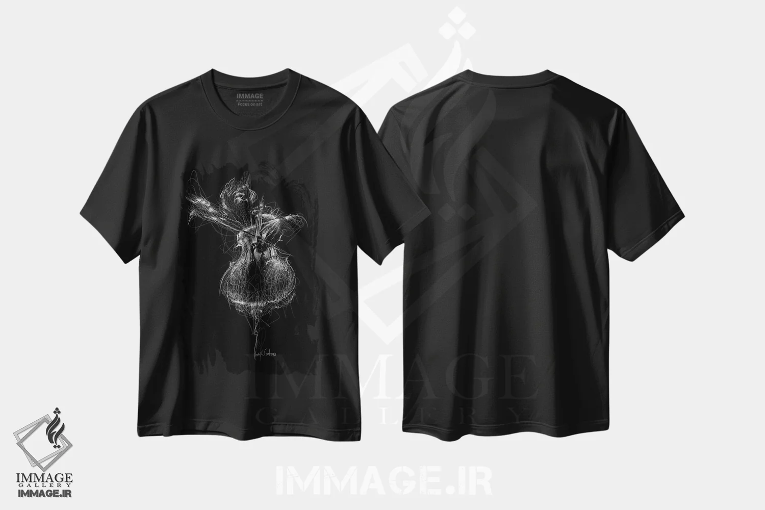 تیشرت مشکی طرح دار کنترباس، نقاشی و تصویرگری سیاه و سفید اثر ریک سنتنو | immage.ir