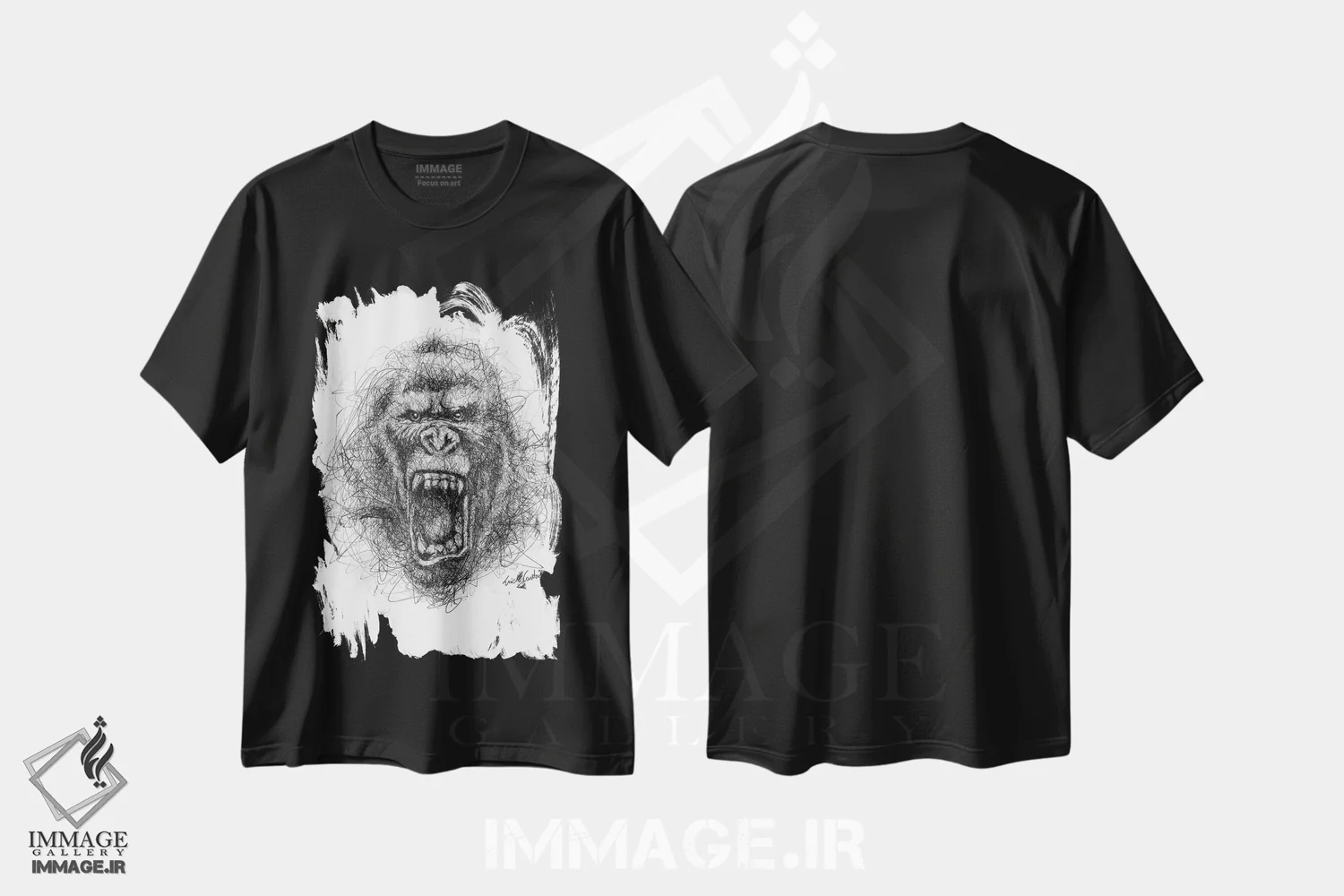 تیشرت مشکی طرح دار عصبانی، نقاشی و تصویرگری سیاه و سفید اثر ریک سنتنو | immage.ir