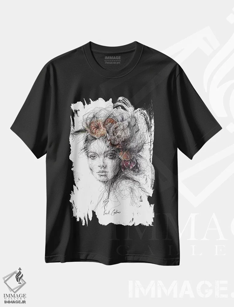 تیشرت مشکی طرح دار اندیشه های گلی II، هنر فاخر معاصر اثر ریک سنتنو | immage.ir