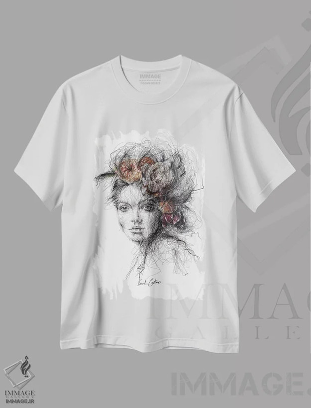 تیشرت سفید طرح دار اندیشه های گلی II، هنر فاخر معاصر اثر ریک سنتنو | فروشگاه ایماژ