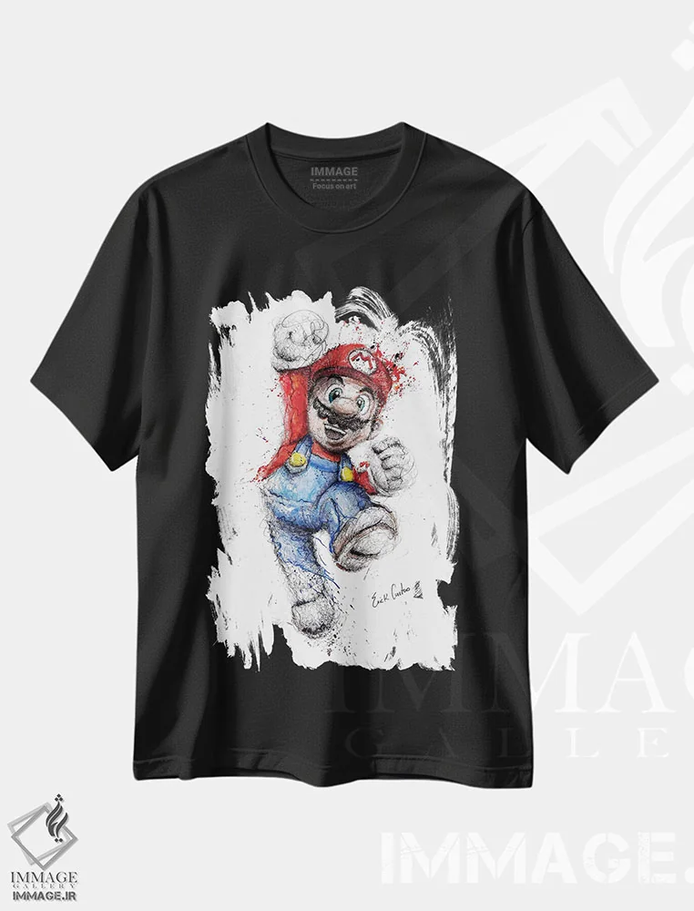 تیشرت مشکی طرح دار ماریو، هنر فاخر معاصر اثر ریک سنتنو | فروشگاه ایماژ