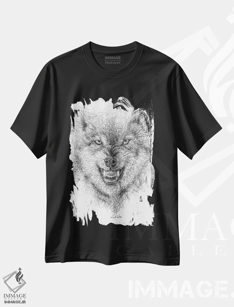 تیشرت مشکی طرح دار نگاه گرگ، هنر فاخر معاصر اثر ریک سنتنو | فروشگاه ایماژ