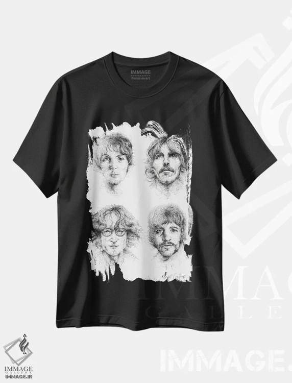 تیشرت مشکی طرح دار بیتلز، نقاشی و تصویرگری سیاه و سفید اثر ریک سنتنو | فروشگاه ایماژ