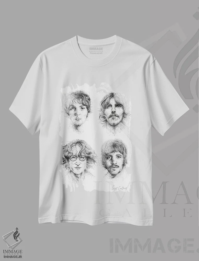 تیشرت سفید طرح دار بیتلز، نقاشی و تصویرگری سیاه و سفید اثر ریک سنتنو | immage.ir