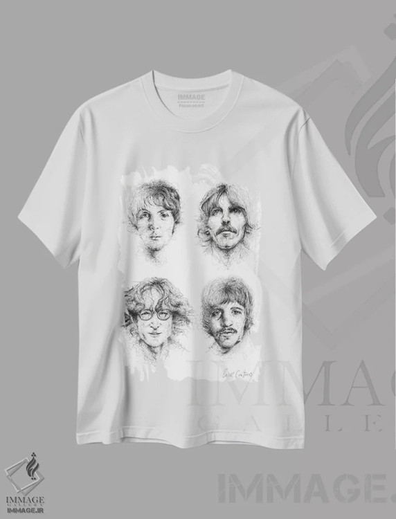 تیشرت سفید طرح دار بیتلز، نقاشی و تصویرگری سیاه و سفید اثر ریک سنتنو | immage.ir