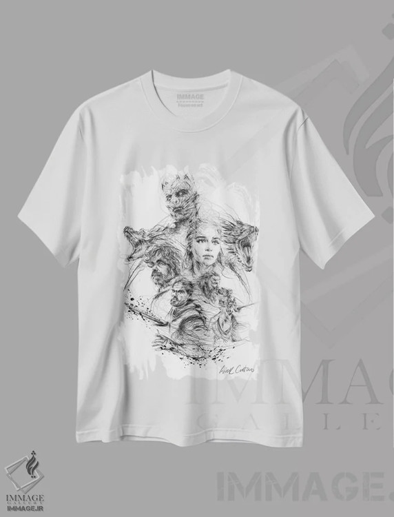 تیشرت سفید طرح دار گیم آو ترونز، نقاشی و تصویرگری سیاه و سفید اثر ریک سنتنو | فروشگاه ایماژ